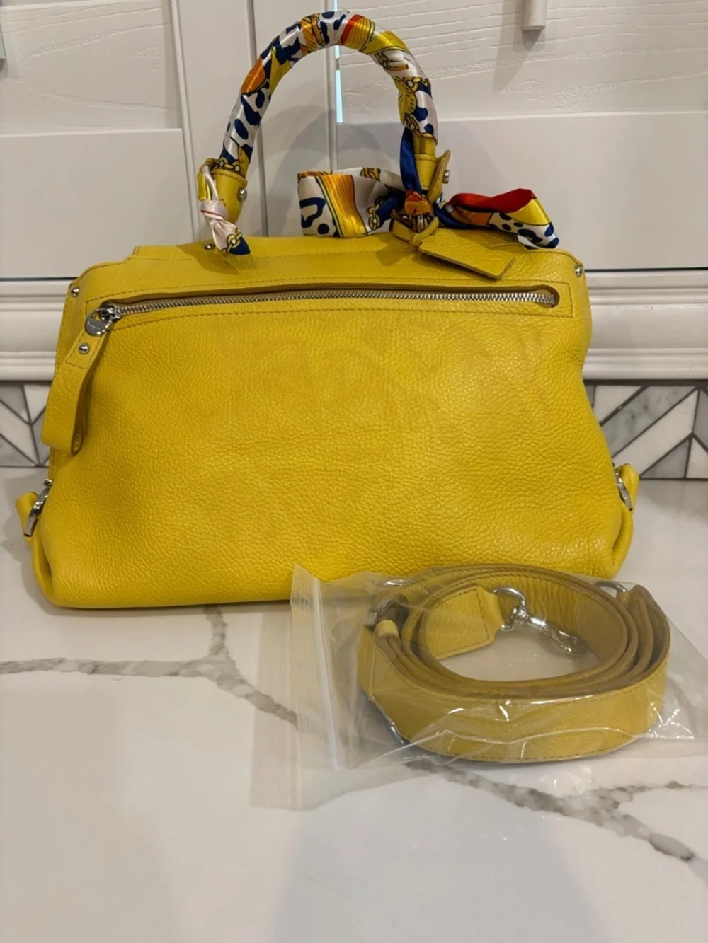 Salvatore Ferragamo Yellow Pebbled Leather Satchel with Crossbody Strap